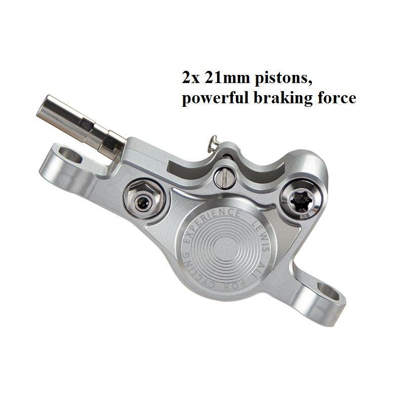 Close-up photo of a Lewis LV2 Post Mount Disc Brake caliper with two 21mm pistons, described as providing powerful braking force.