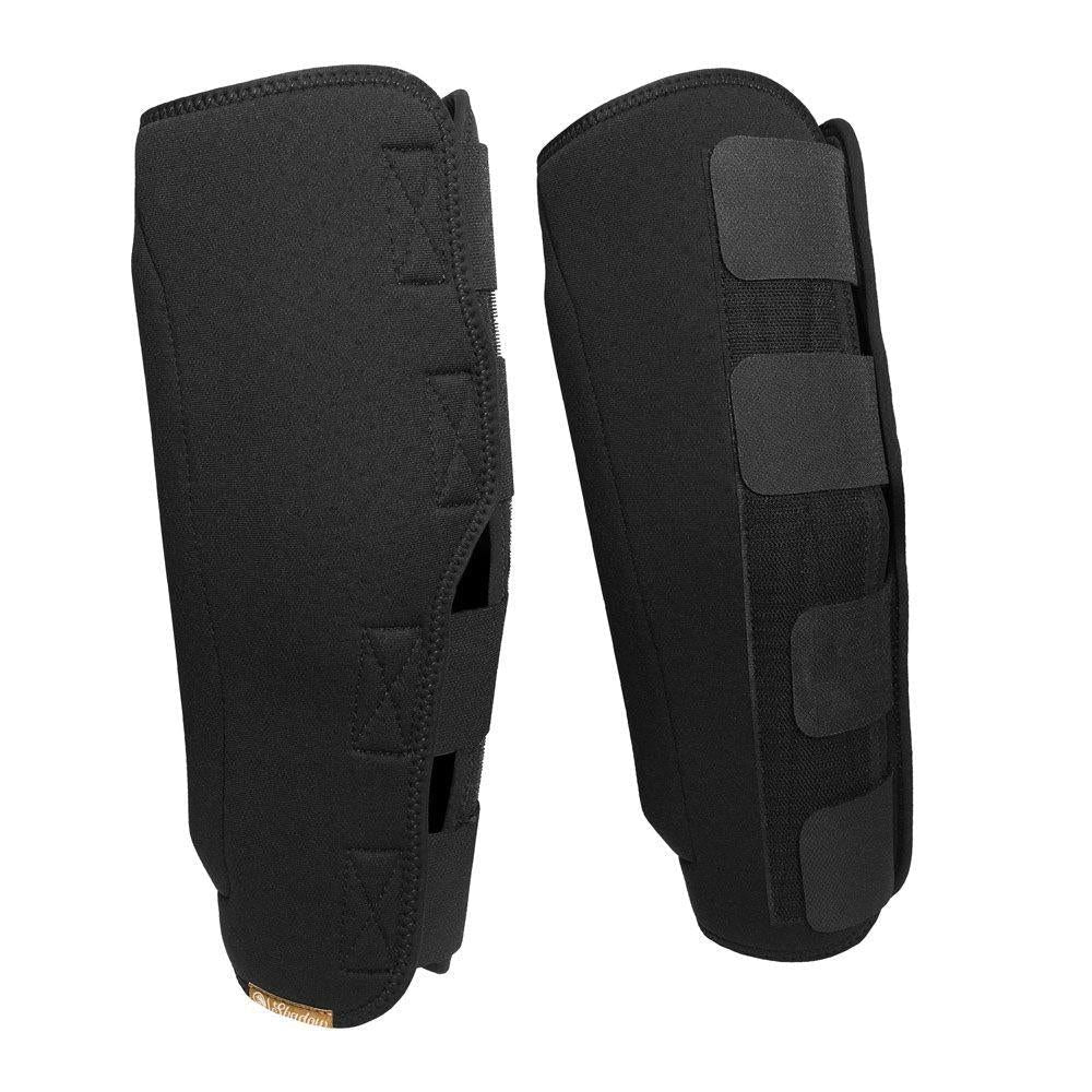 Shadow Shinners Shin Pads (Pair) in black, featuring adjustable Velcro straps for BMX shin protection; shown from both front and back views.