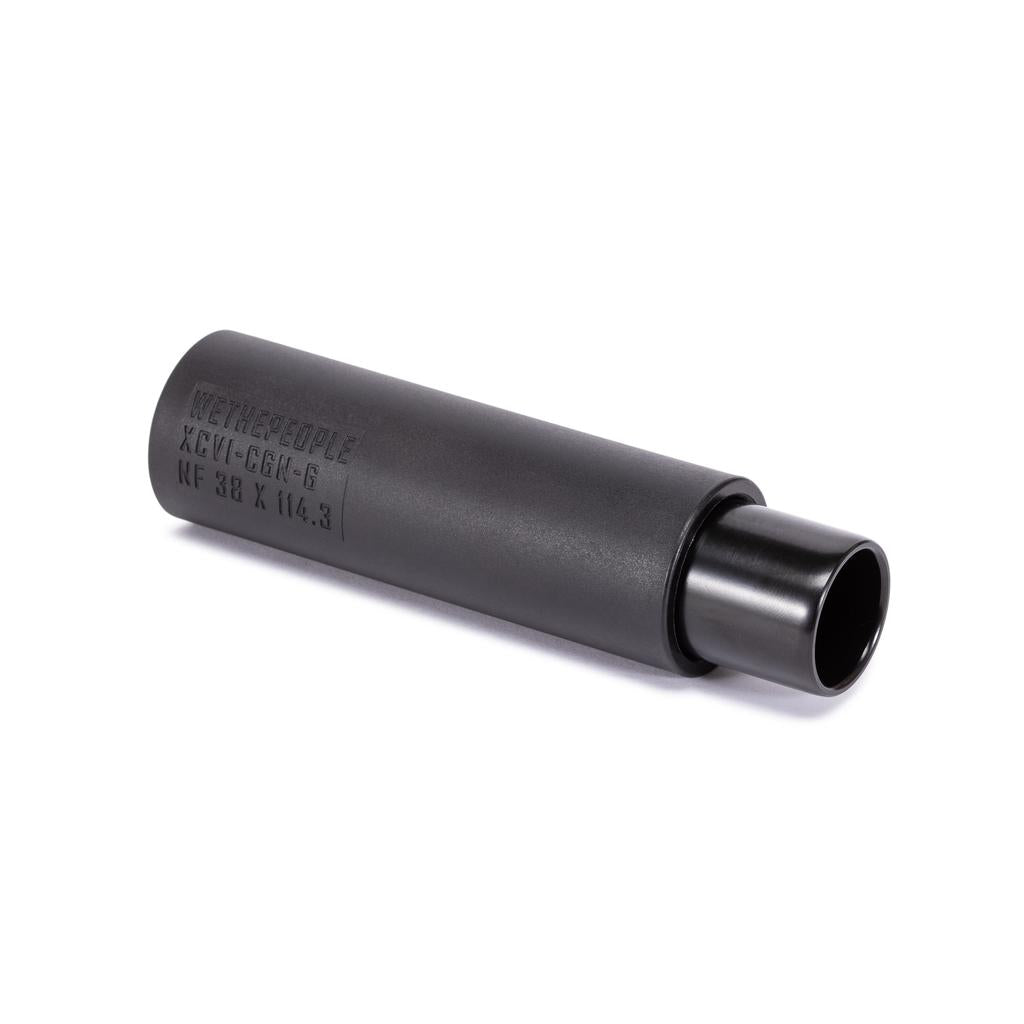 A pair of Wethepeople Temper Pegs, black metal cylinders with engraved text and a tough chromoly core, are shown on a white background.