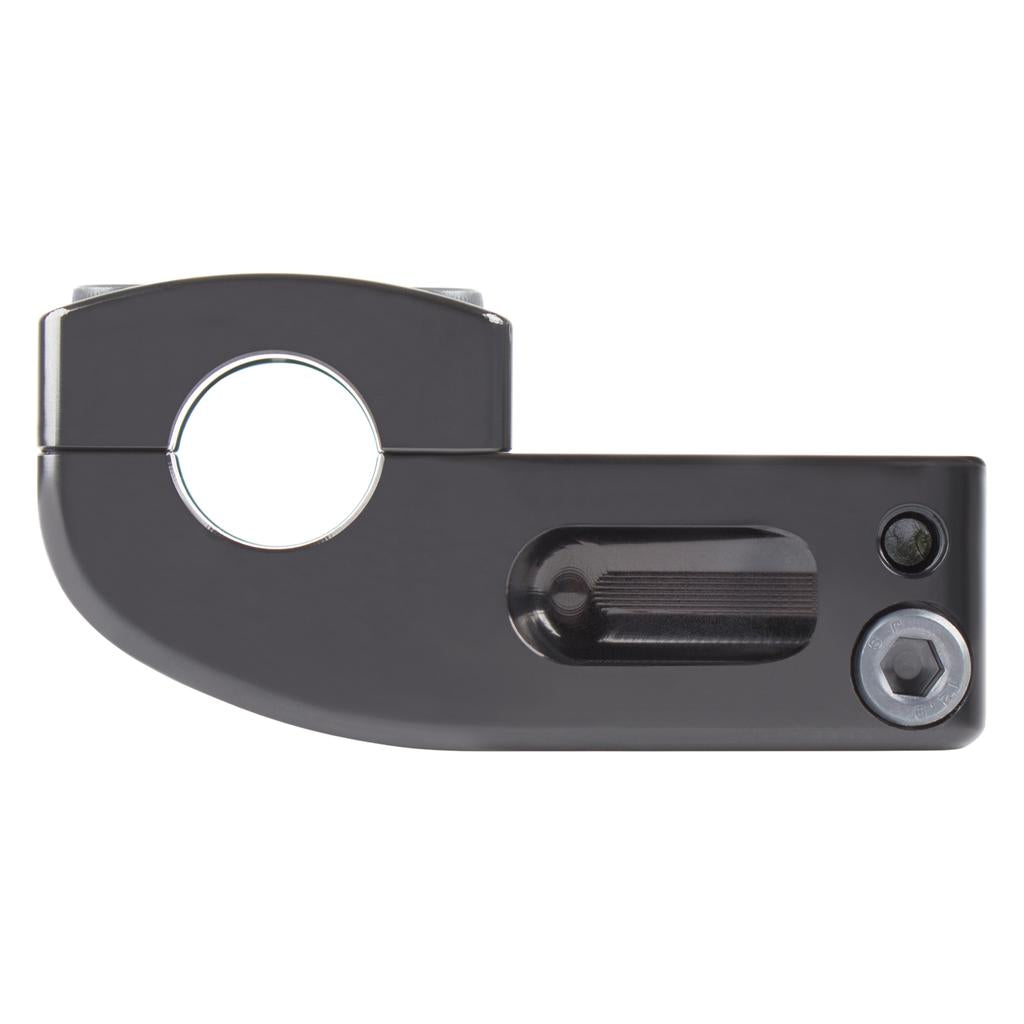 Black metal clamp with a circular opening, hex bolt, and small screw—perfect for securing BMX handlebar grips or upgrading your ride with the Odyssey Broc Raiford V2 Stem. Shown against a white background.