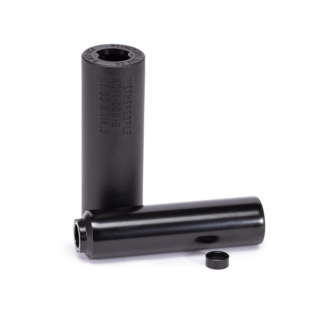 A pair of black Wethepeople Temper Pegs, featuring engraved text and a durable chromoly core, are shown upright and lying down with removable end caps on a white background.