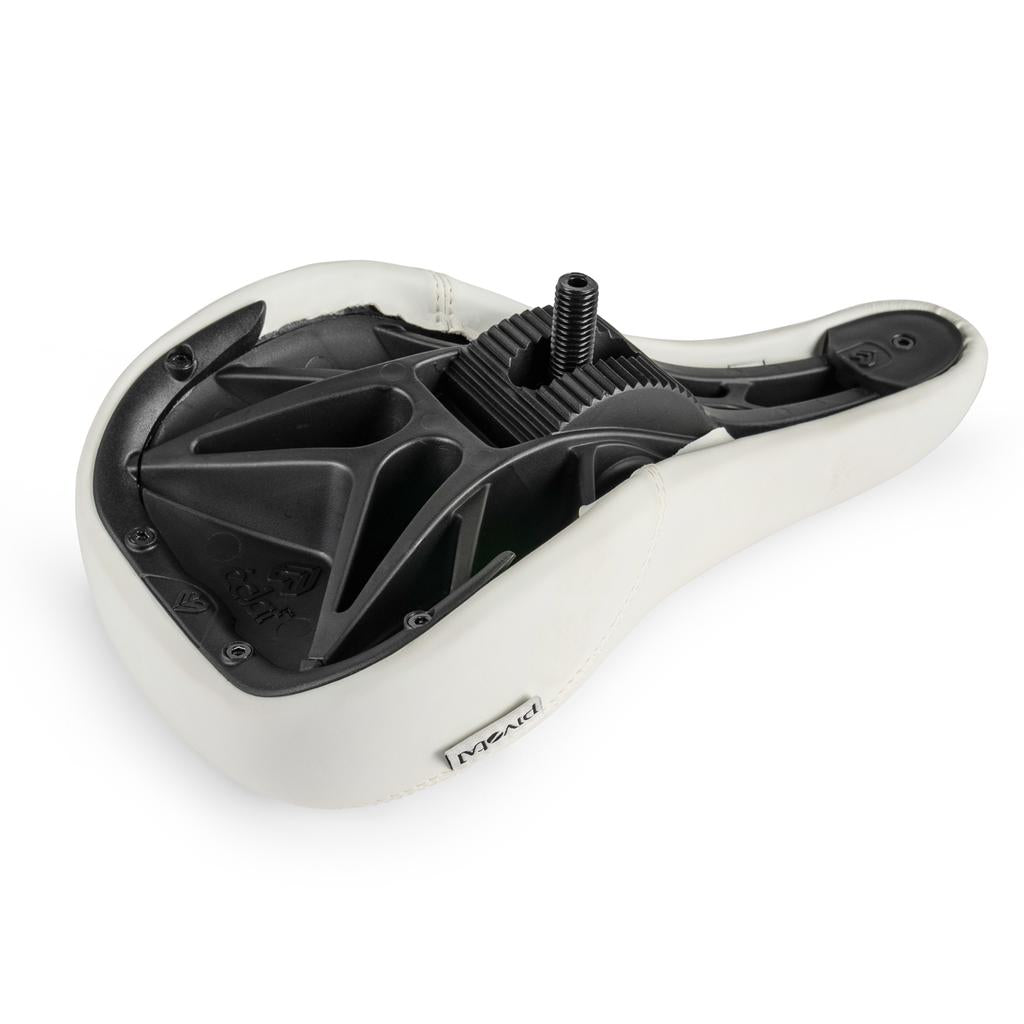 The Eclat Bios Fat Pivotal Seat is shown upside down, displaying its white BMX saddle, internal black plastic structure, and a central threaded bolt for Pivotal mounting.