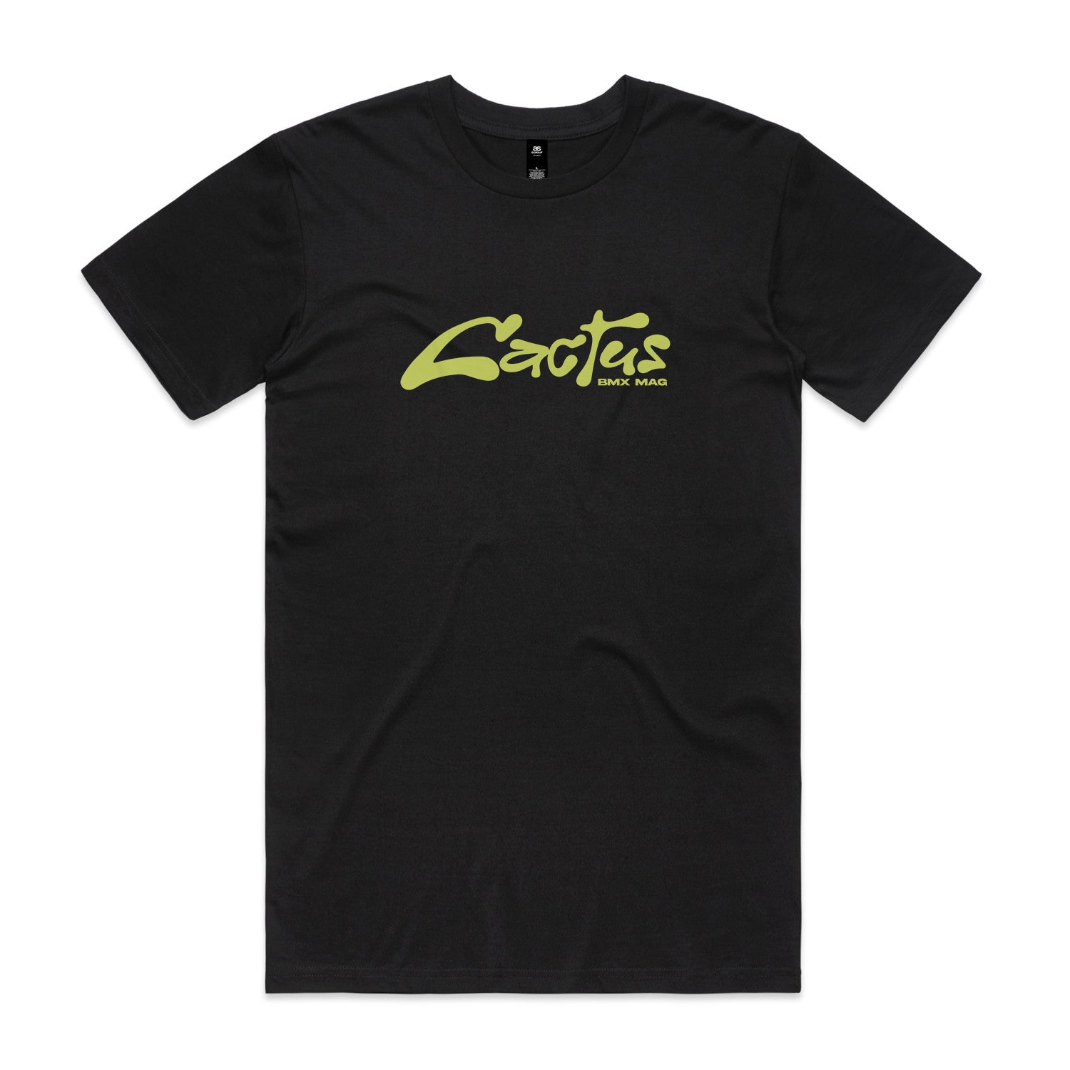The Cactus BMX Mag Logo T-Shirt Black features a hand-drawn yellow-green logo across the chest—an ideal addition to any BMX tee collection.