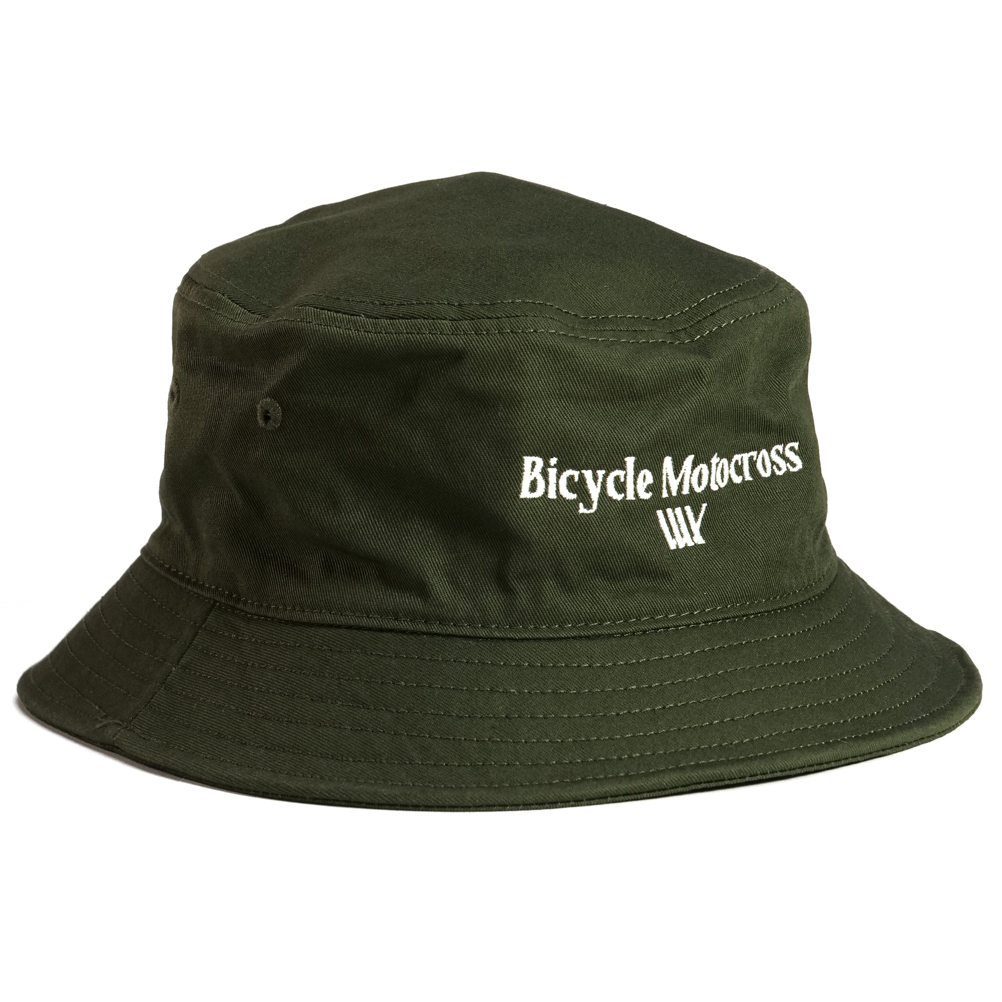 An olive LUXBMX Bicycle Motocross bucket hat with "BMX" embroidered in white on the front.