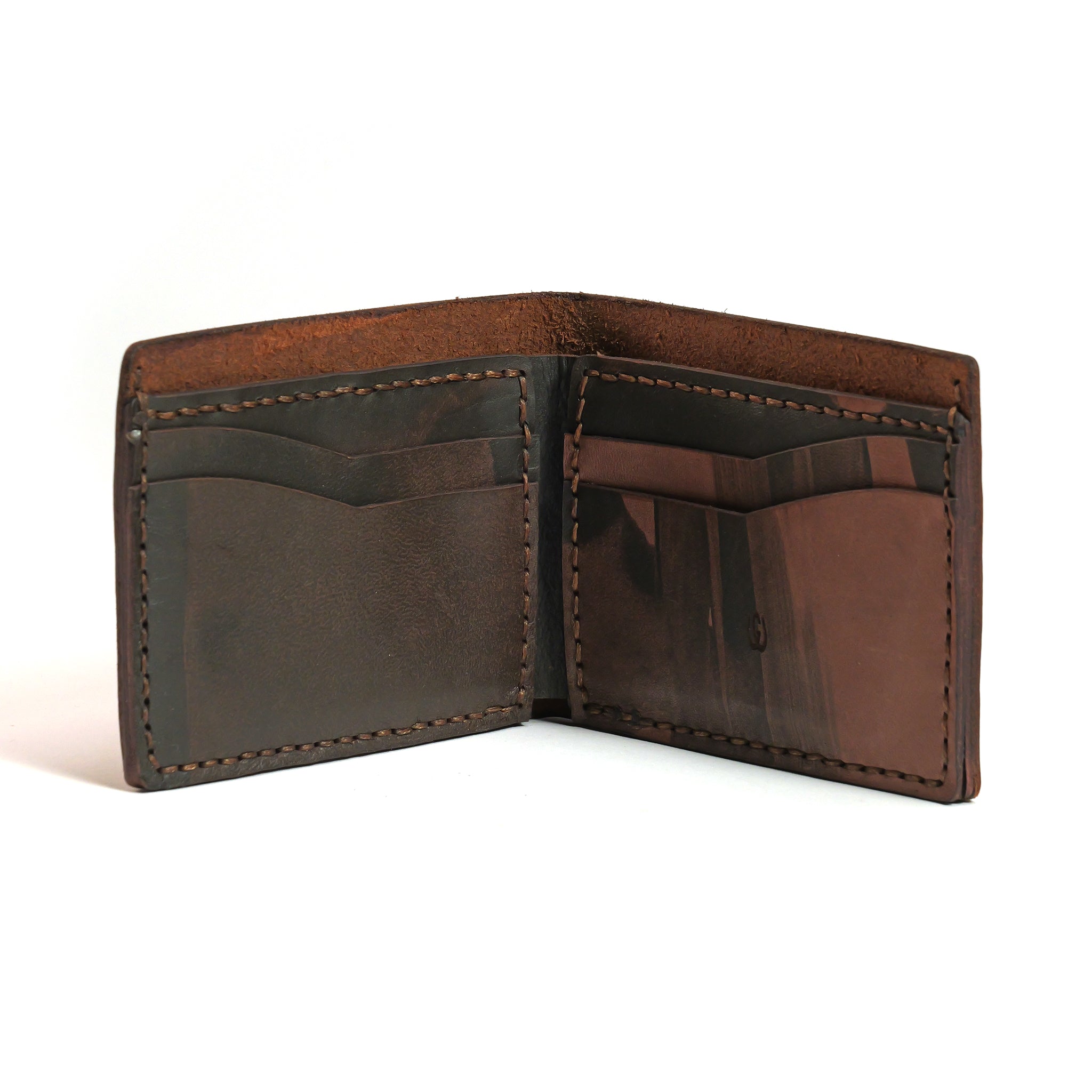 The LUXBMX Bifold Leather Wallet, handmade in Queensland from full-grain leather, features visible stitching, empty card slots, and a bill compartment shown on a plain white background.