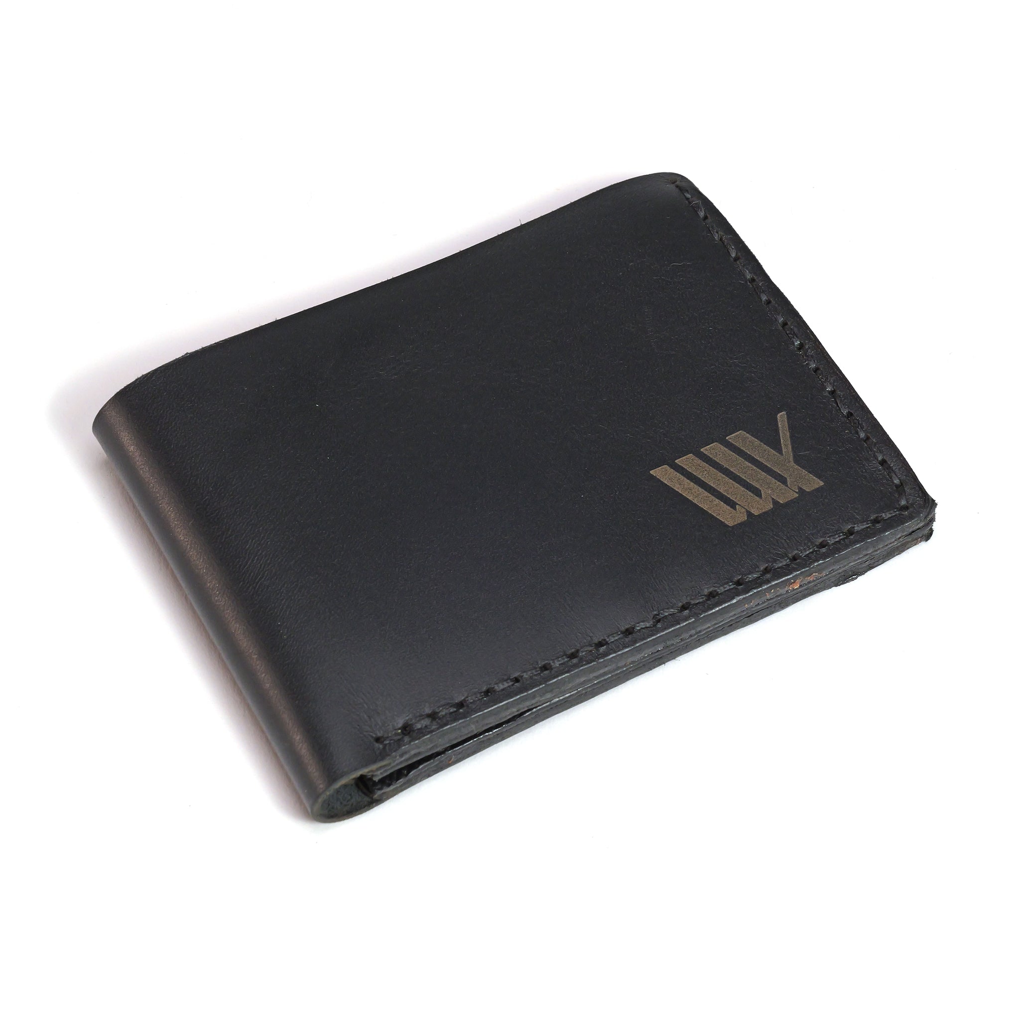 The LUXBMX Bifold Leather Wallet is a black, handmade wallet from Queensland crafted with full-grain leather, visible stitching, and a small metallic logo in the front corner, shown against a white background.