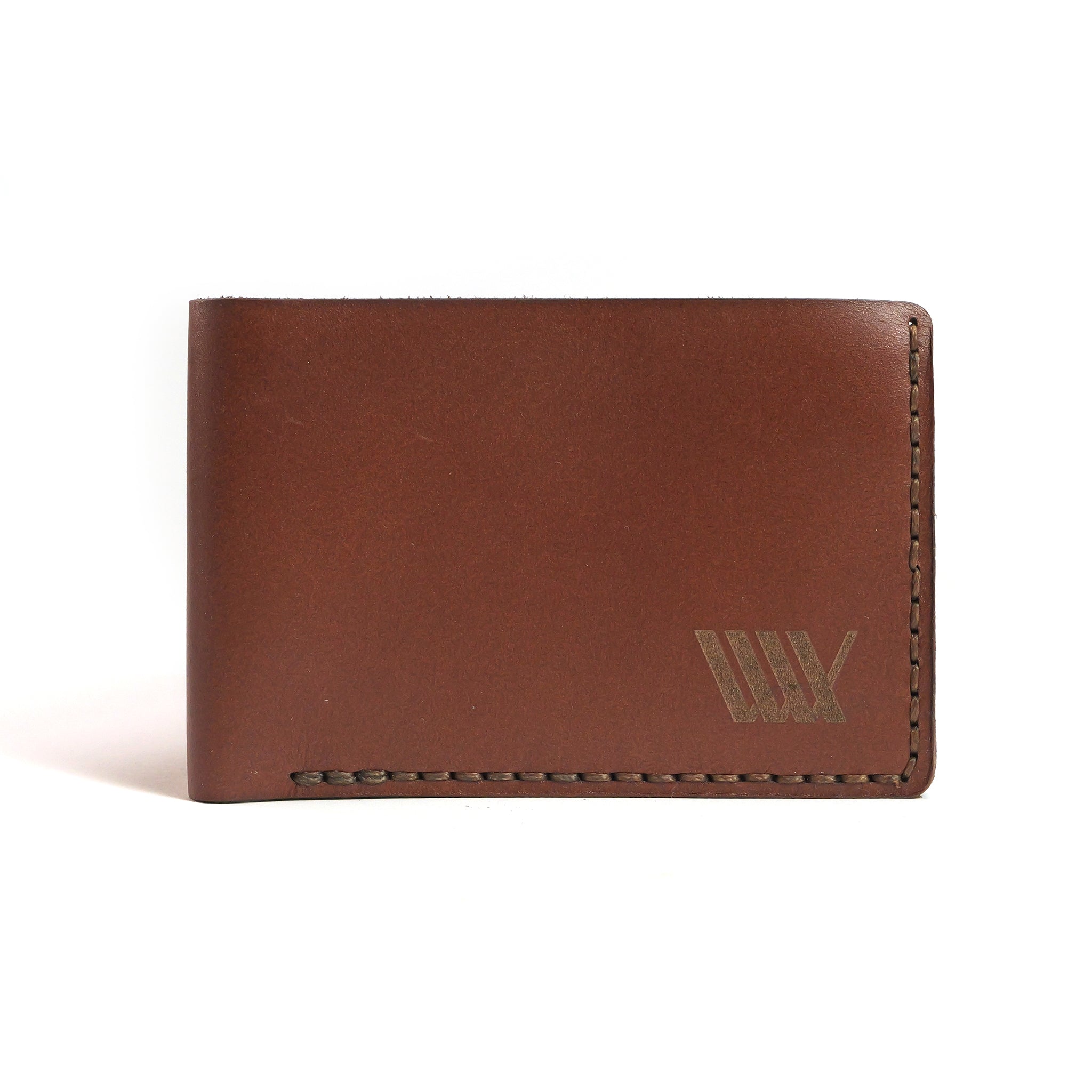 The LUXBMX Bifold Leather Wallet is a closed bifold crafted from full-grain leather, featuring visible stitching and a small engraved logo in the bottom right corner.