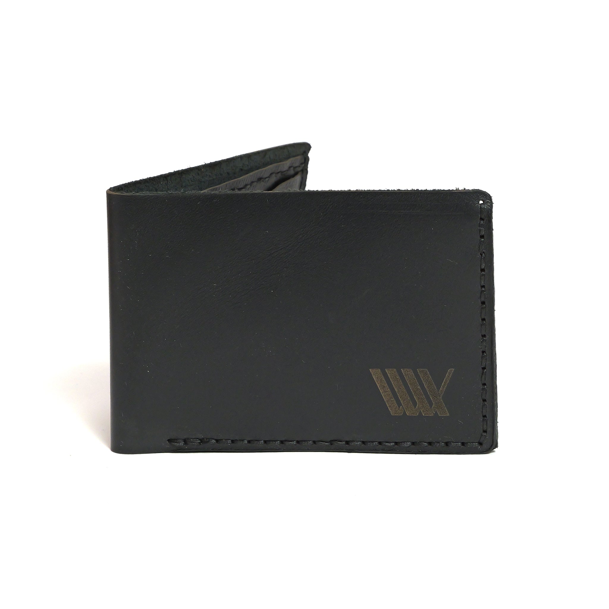 The LUXBMX Bifold Leather Wallet is handmade in Queensland from full-grain black leather and features a small embossed logo in the lower right corner.