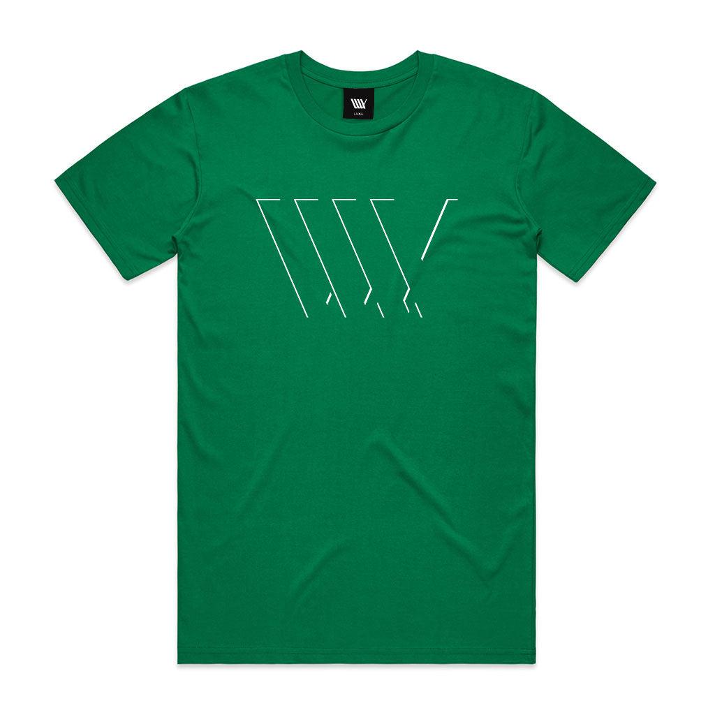 A LUXBMX Eclipse Tee - Kelly Green with a white arrow on it.