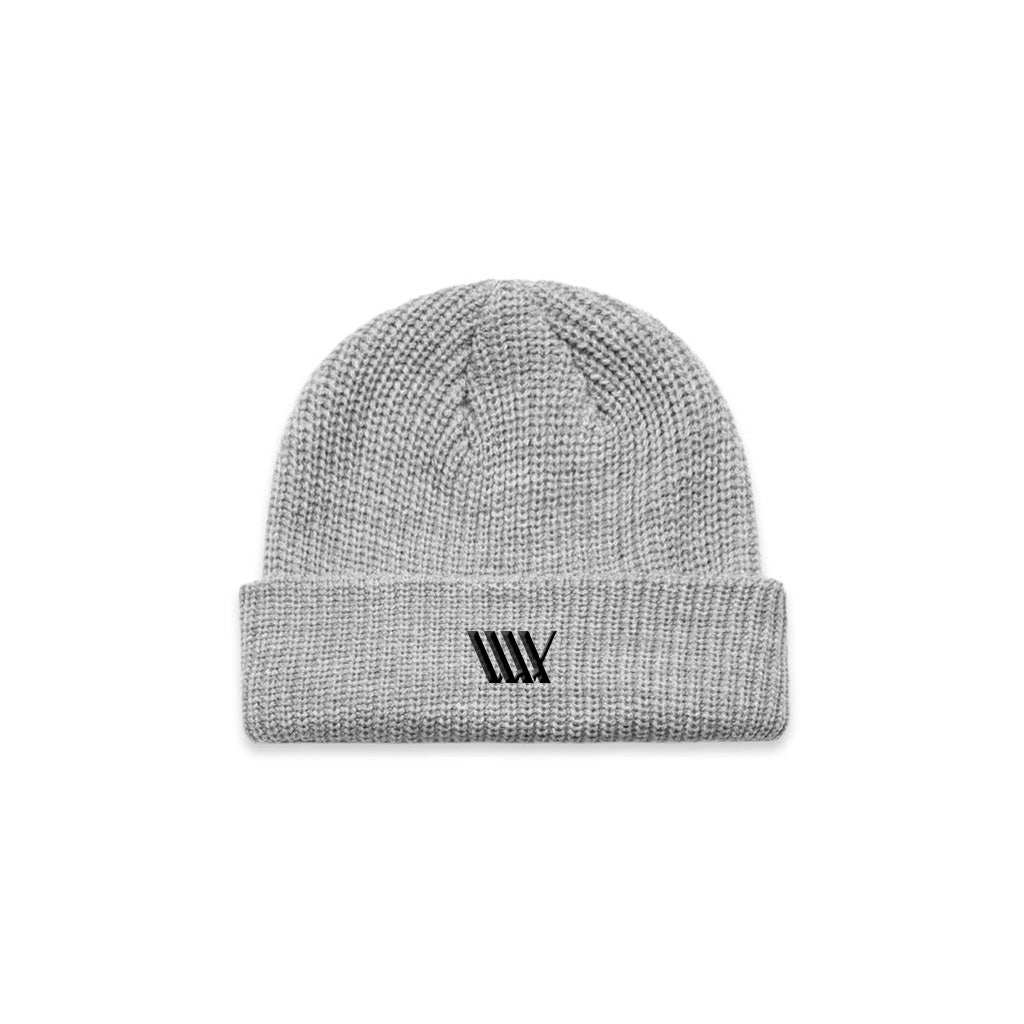 The LUXBMX Flag Beanie - Grey Marle is made from mid-weight acrylic, featuring a folded brim and a black embroidered five-line logo on the front.