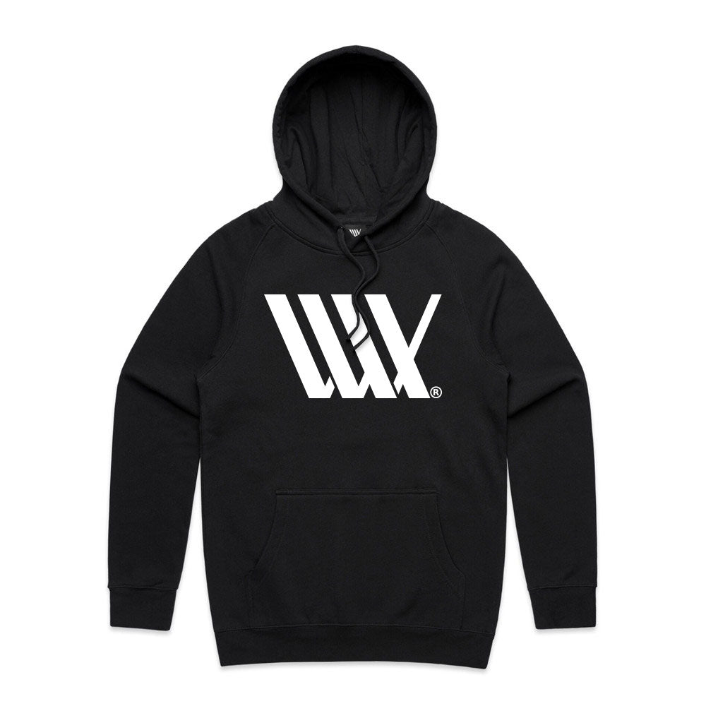 The LUXBMX Flag Hoodie in Black/White features midweight fleece, a white "WW" chest graphic, front pocket, and adjustable hood drawstrings.
