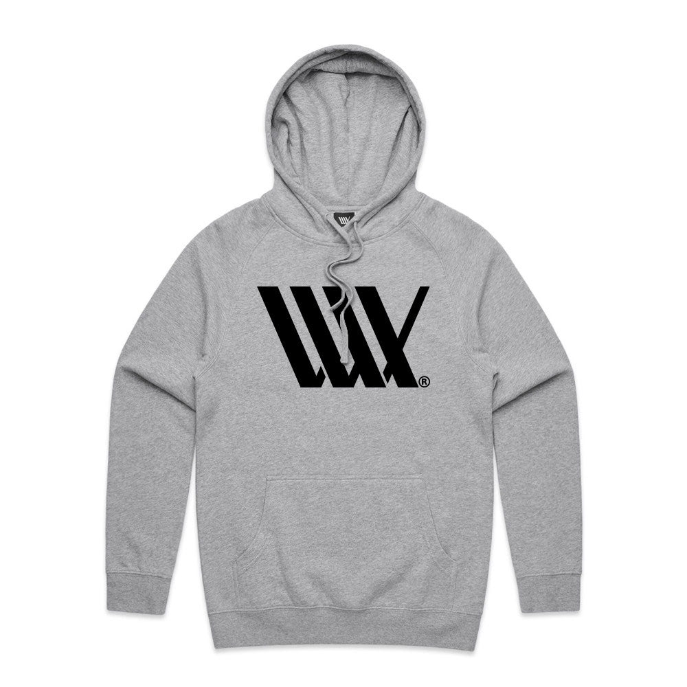 The LUXBMX Flag Hoodie - Grey Marle is a light gray midweight fleece hoodie with a bold black geometric "WX" chest graphic, offering classic everyday comfort and standout streetwear style.