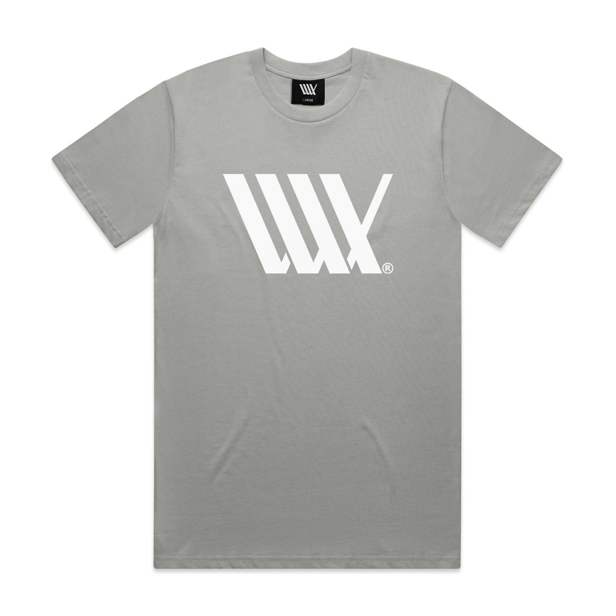 The LUXBMX Flag Tee Storm is a grey, heavyweight t-shirt made from soft combed cotton. It features a large white "W" logo on the chest and a small black tag at the neckline, offering both comfort and style.