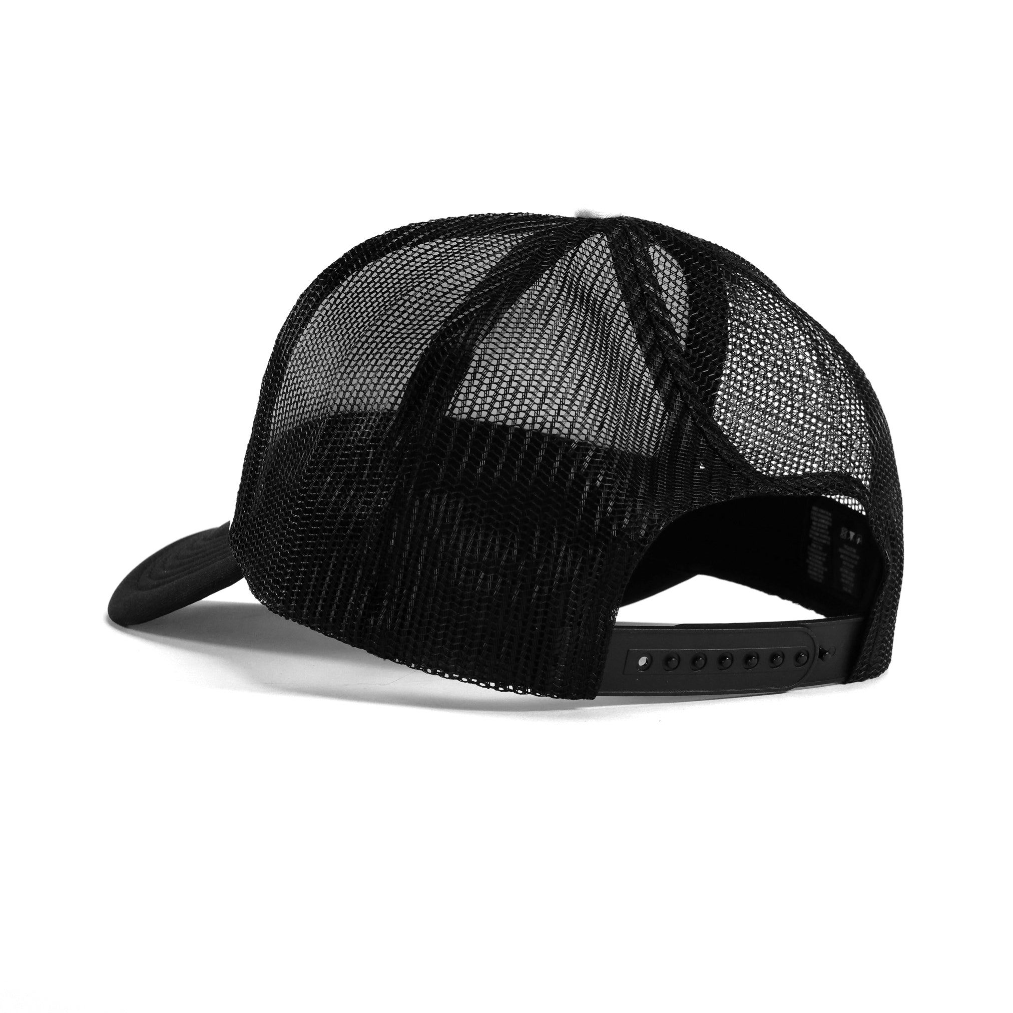 The LUXBMX Flag Trucker Cap in black is showcased from the back, highlighting its adjustable snap closure and sustainable craftsmanship from recycled polyester mesh.