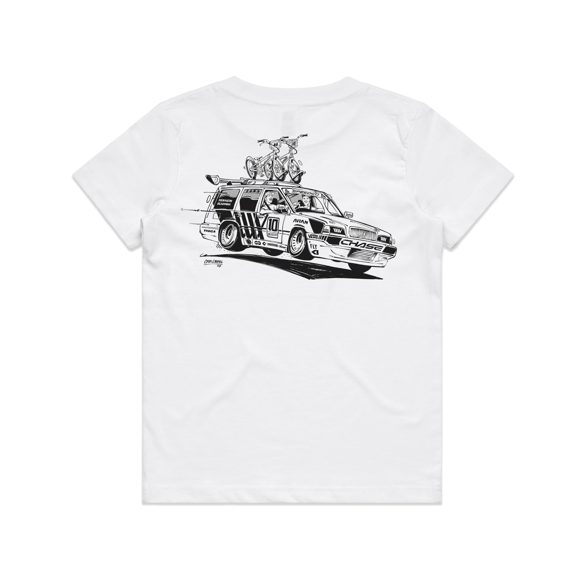 A LUXBMX Izaac X Rico Kids Tee with a hand-drawn print of a car.