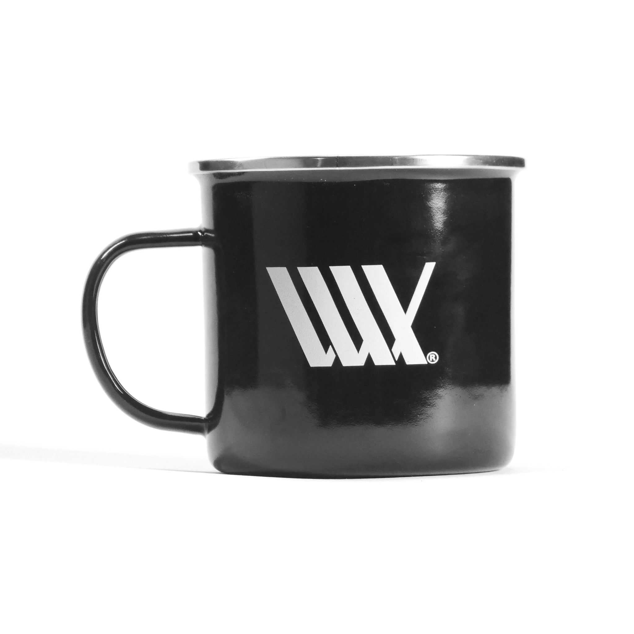 The LUXBMX Journey Camp Mug is a black enamel-coated steel mug with a handle, featuring a bold white geometric logo on the side—perfect for campfires.
