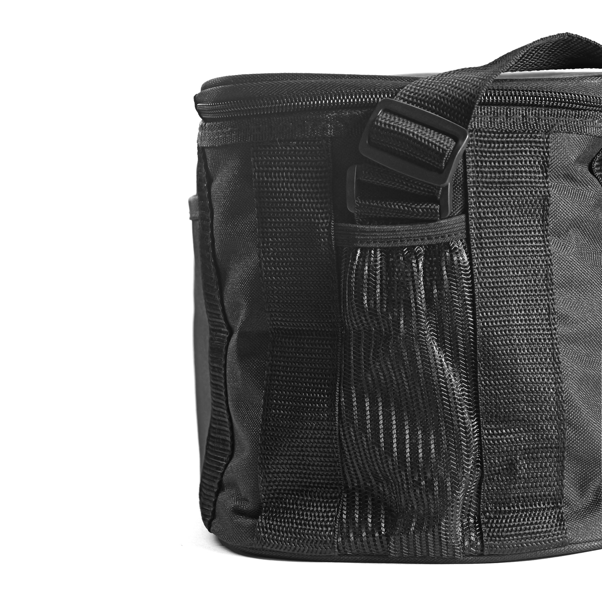 Close-up of the LUXBMX Journey Cooler Bag, featuring black padded insulation and an adjustable shoulder strap, set against a white background.