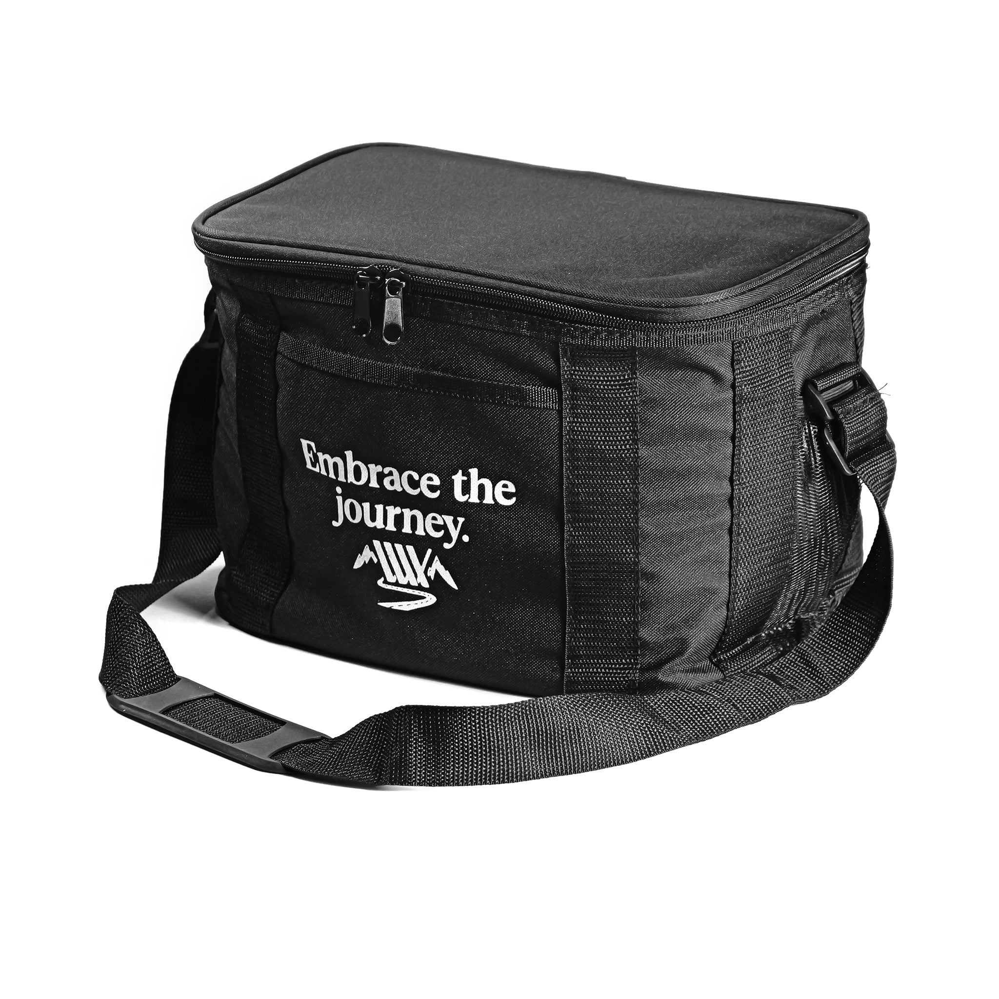 The LUXBMX Journey Cooler Bag is a black, padded insulated cooler with an adjustable shoulder strap and front pocket. "Embrace the journey." and an open book graphic are printed on the front.
