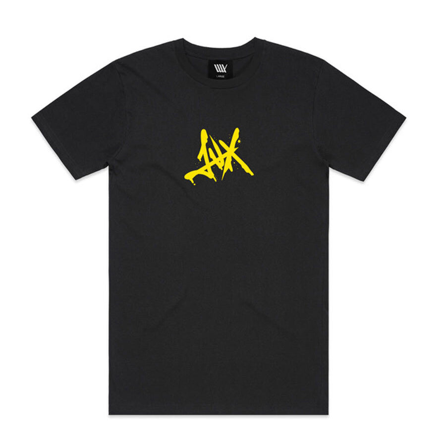 LUXBMX King Of BNE T-Shirt in black, showcasing a bold yellow graffiti-style design centrally placed with a logo featuring crossed lines. This limited edition tee, designed by Sean Gardner and inspired by KING OF BNE, adds a statement piece to any wardrobe.