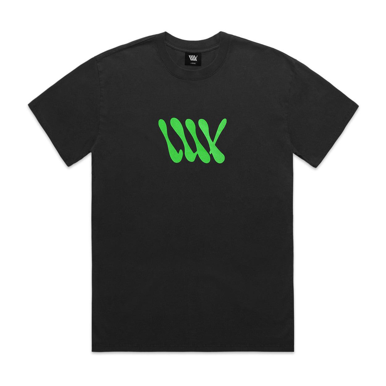 Introducing the LUXBMX Slime Time Tee in Faded Black, featuring a neon green abstract design in the center that channels a vibrant 90s vibe. This heavyweight tee also includes a small logo on the inside neck label, making it perfect for those who love bold style.