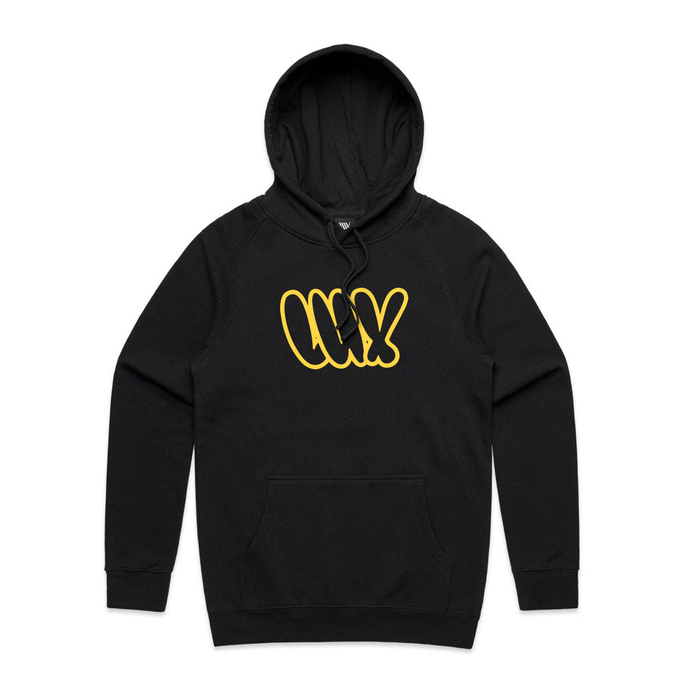 The LUXBMX Throwie Hoodie - Black features a front pocket and a bold yellow-outlined "WAX" graffiti-style LUX logo on the chest.