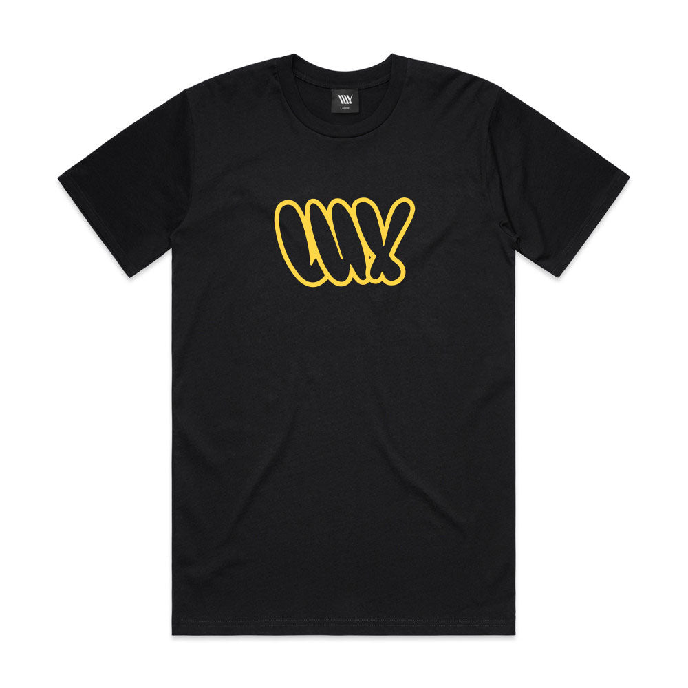 The LUXBMX Throwie Tee - Black is crafted from midweight cotton, featuring bold "LUX" bubble letters with yellow outlines centered on the chest—a classic LUXBMX style.