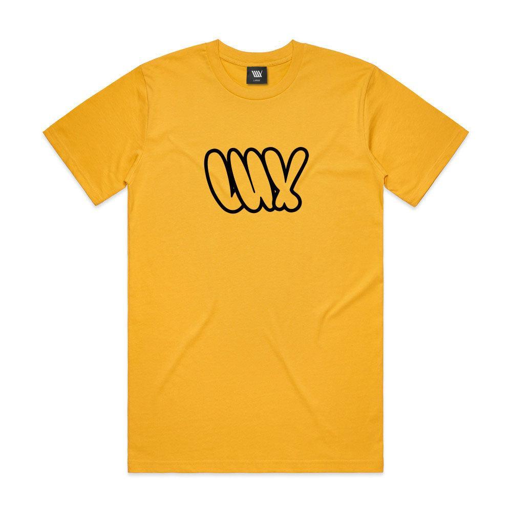 The LUXBMX Throwie Tee in yellow is a midweight cotton t-shirt with a bold, black "LUX" throwie-style logo on the chest.