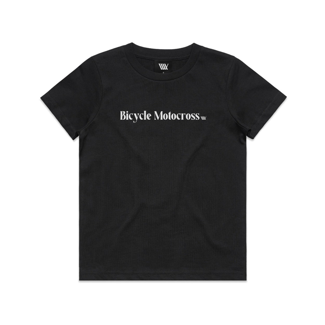 Product Description: The LUXBMX Youth Bicycle Motocross Tee Black features black fabric with white text reading "Bicycle Motocross" on the front. This T-shirt is designed with short sleeves and a round neckline, making it perfect for young BMX enthusiasts.