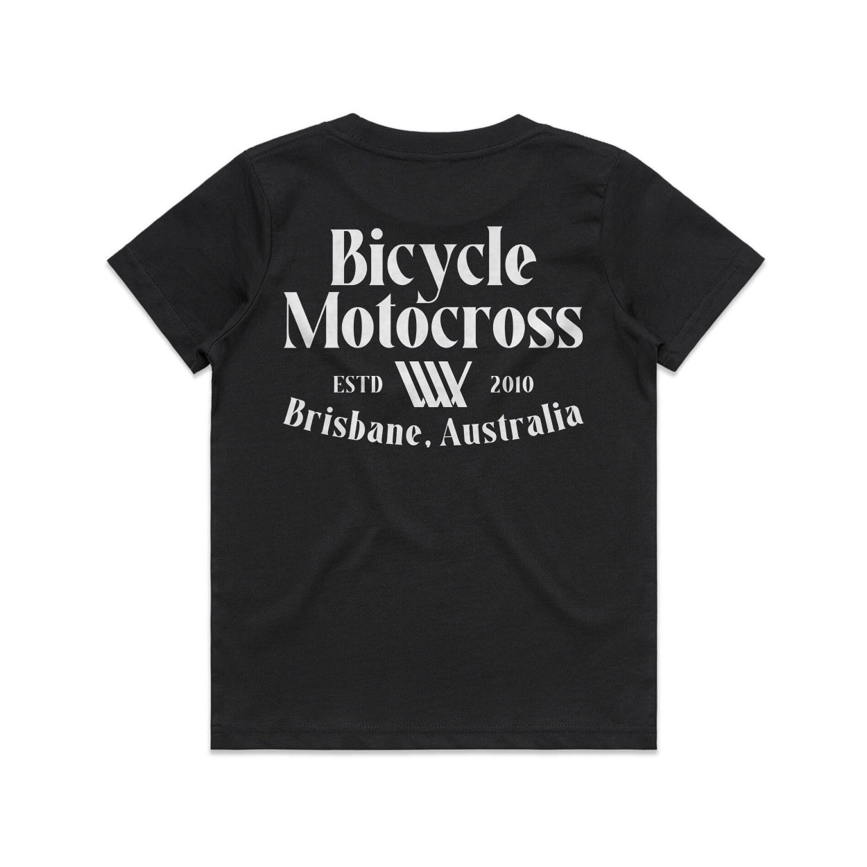 The LUXBMX Youth Bicycle Motocross Tee in Black features white text on the back that reads "Bicycle Motocross ESTD 2010 Brisbane, Australia." It's perfect for BMX enthusiasts.
