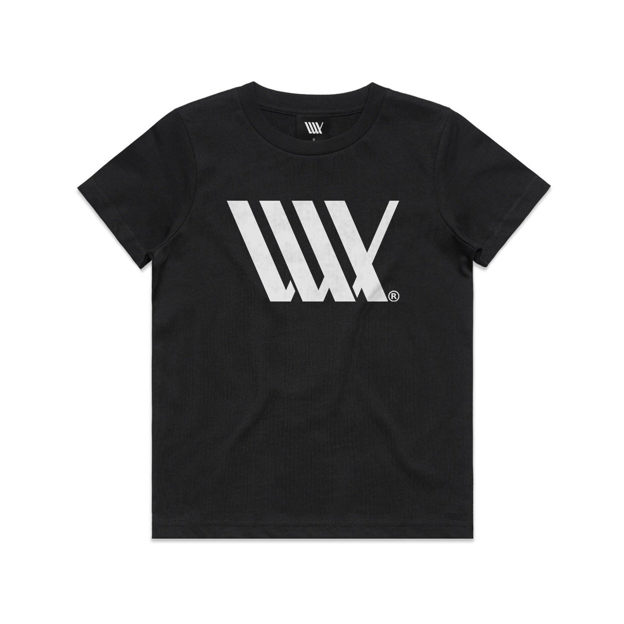 LUXBMX Youth Flag Tee Black: A plain black T-shirt featuring a bold white "W" logo design on the front center, ideal for young BMX enthusiasts.