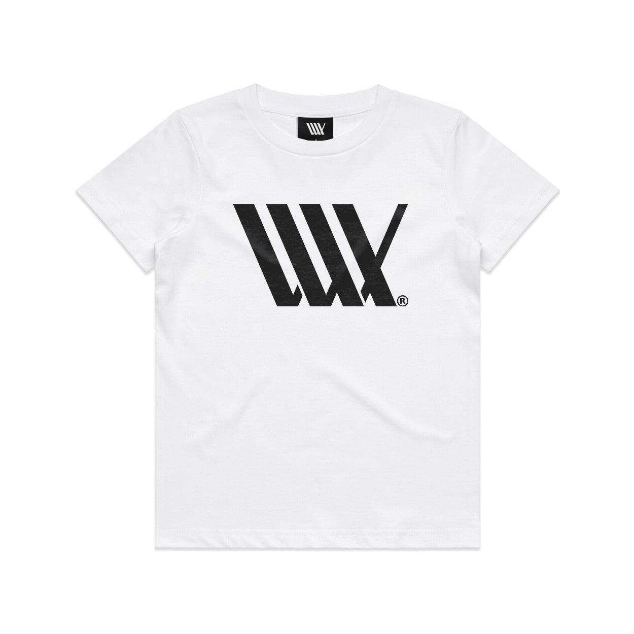 The LUXBMX Youth Flag Tee White is a stylish youth fit T-shirt that features a black geometric LUXBMX logo on the front and a small black tag on the neckline.