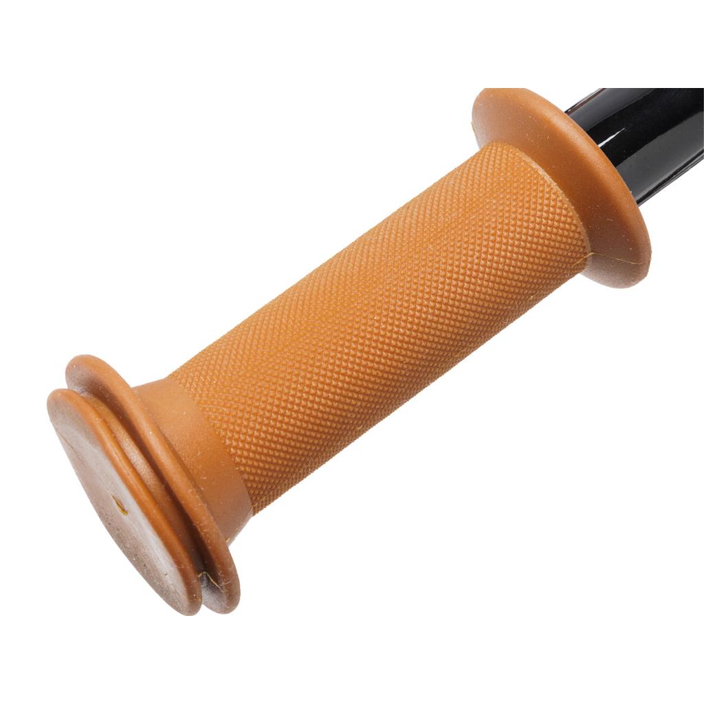 Close-up of a textured, brown rubber handlebar grip on a black metal bar of the Fit Misfit 12 Inch Balance Bike, isolated on a white background.