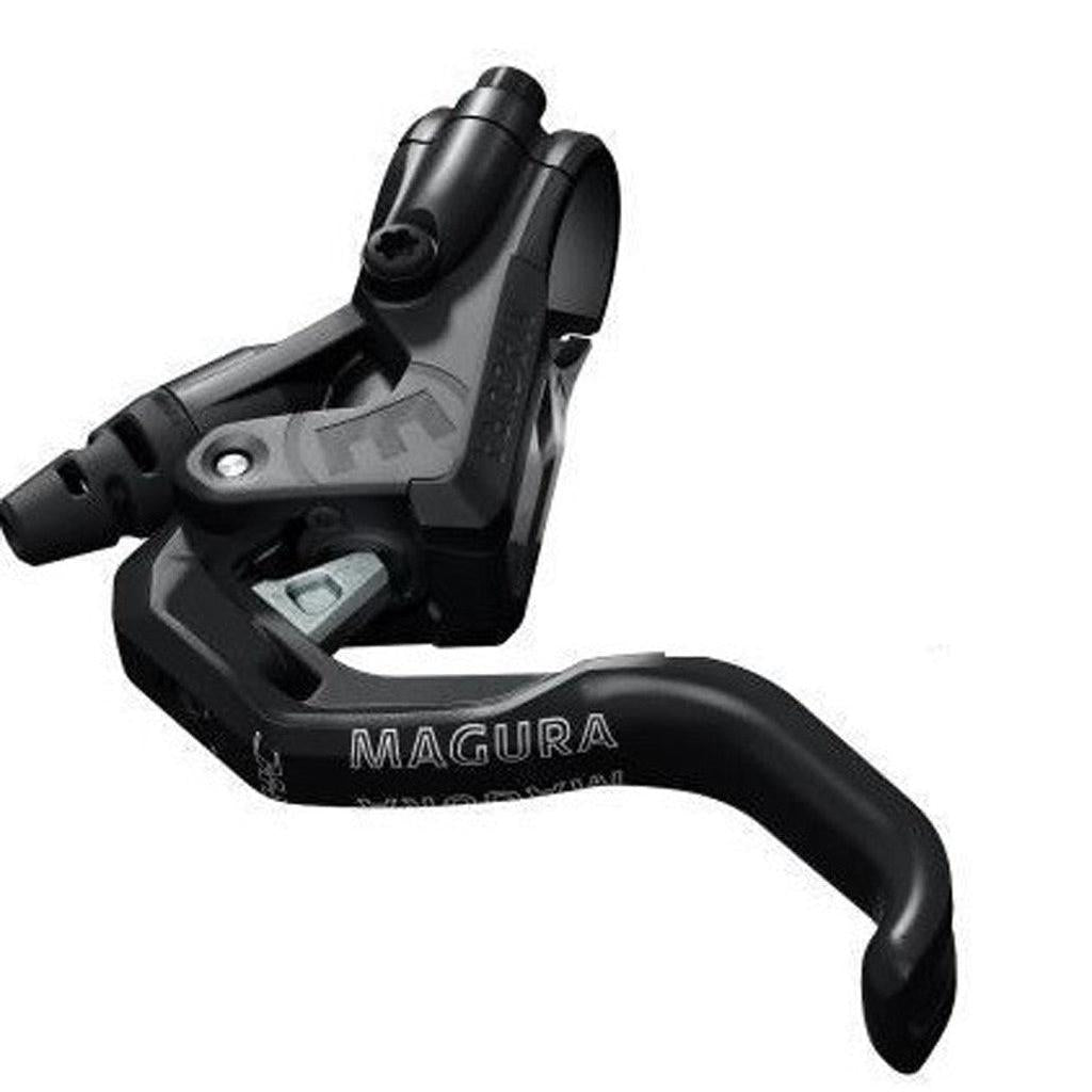 A picture of a bike brake with Magura MT5 1-finger HC Post Mount Disc Brake Kit on a white background.