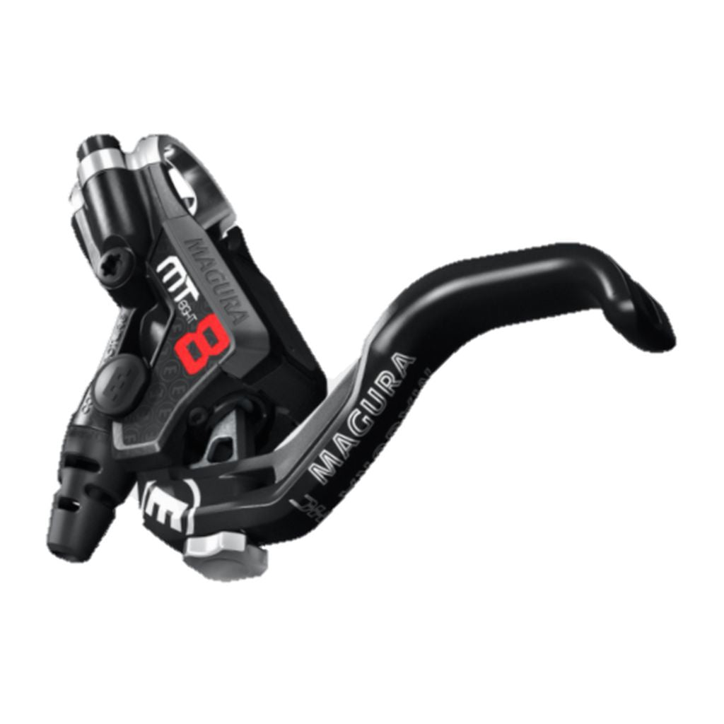 A lightweight Magura MT8 Pro 1-Finger HC Post Mount Disc Brake Kit with a black handle, offering maximum performance.
