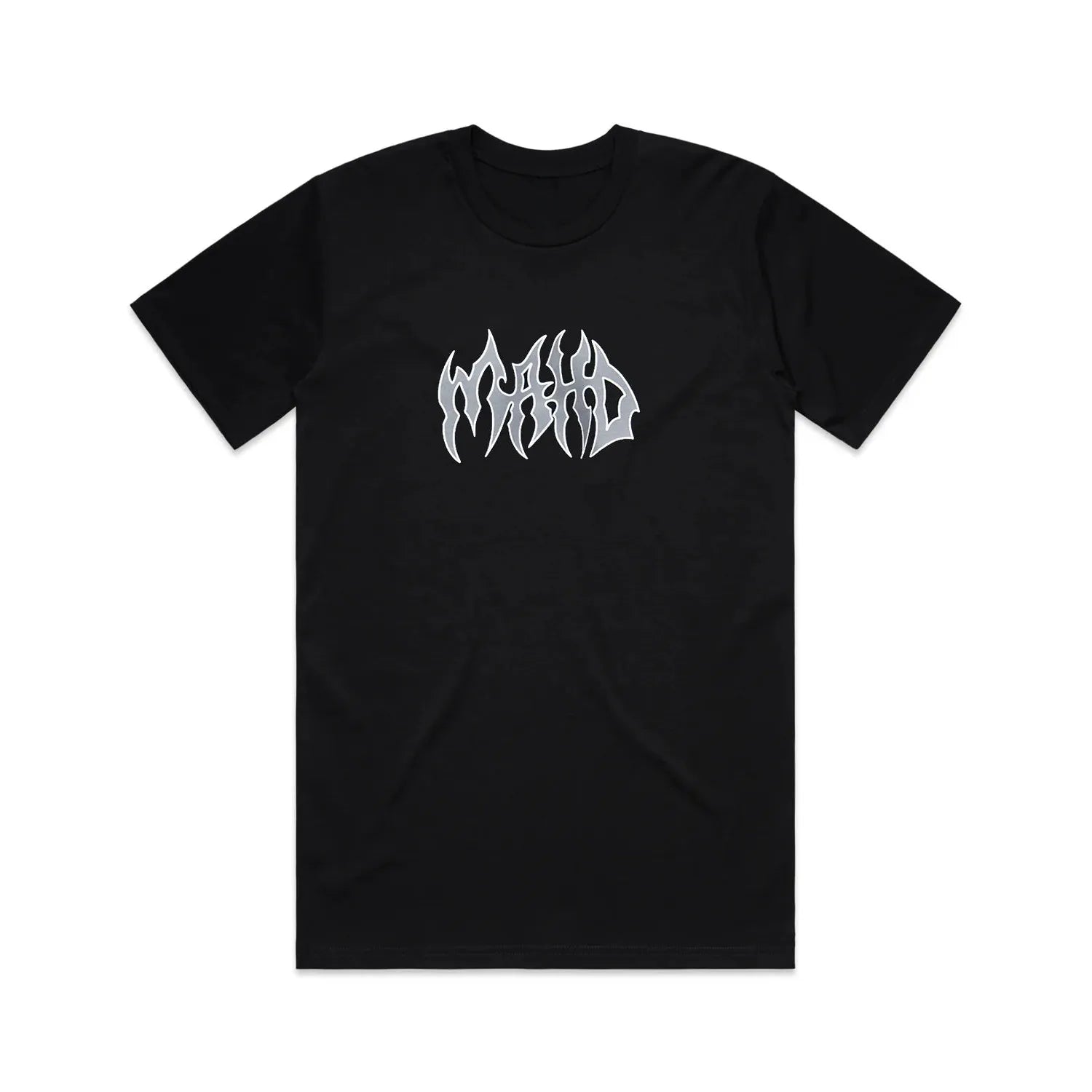 Mahd Metal Tee featuring a center logo with the word "MAYO" in stylized, flame-like white lettering on the chest.