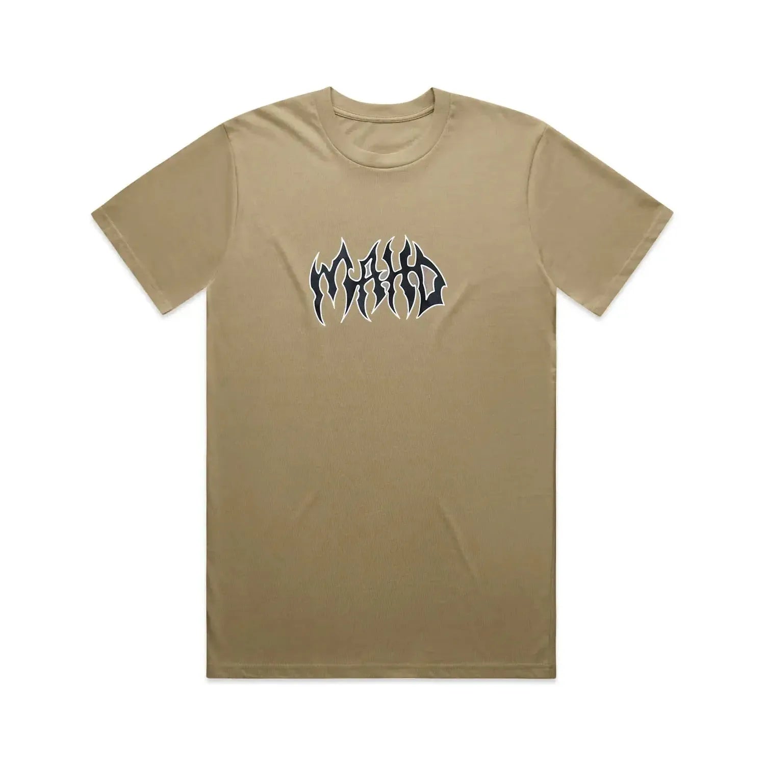 The Mahd Metal Tee is a sand-colored shirt featuring a stylized black and white "MAYO" logo centered on the chest.
