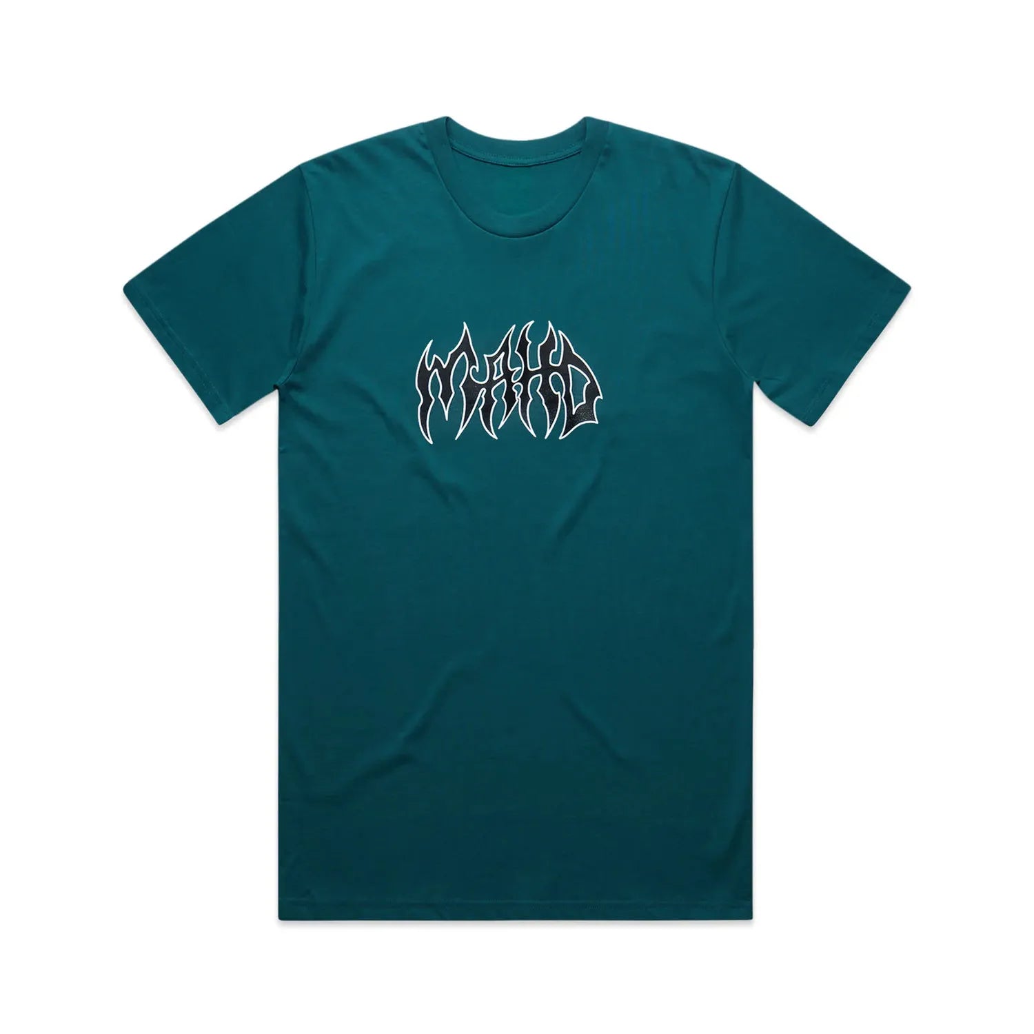 The Mahd Metal Tee is a teal short-sleeve shirt with a stylized white outlined center logo wordmark on the chest.
