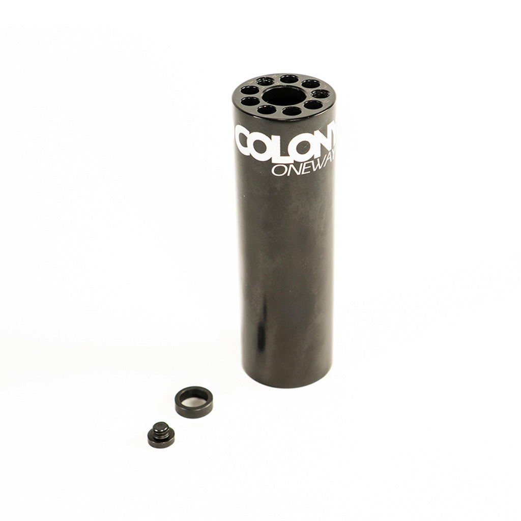 A lightweight black plastic tube with the word "Colony Oneway CrMo Peg" on it.
