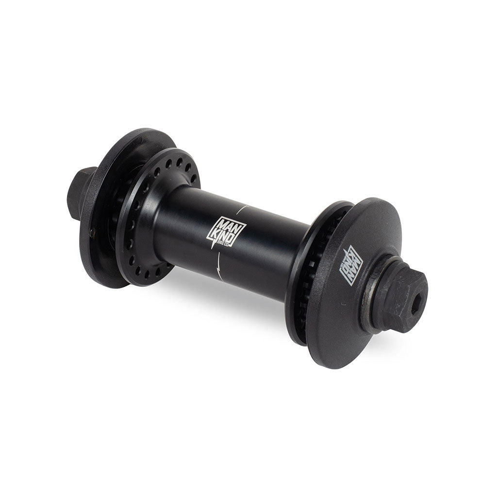The Mankind Vision Front Hub boasts a sleek black design with robust flange and axle bolts, featuring the white logo. It has sealed bearings for smooth operation and includes plastic front hub guards for protection.