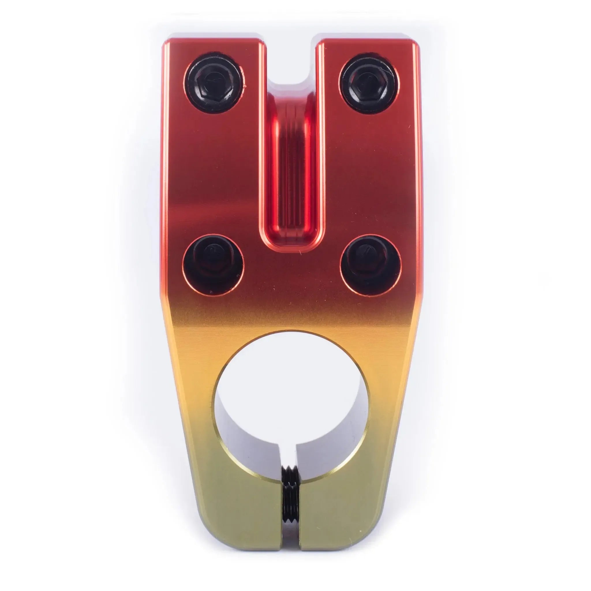 A close-up of the Cult Max Vu Top Load Stem showcases its striking red to gold gradient finish, four black bolts, and a handlebar clamp opening.