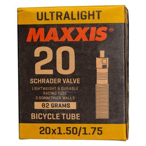 A box of Maxxis Ultralight Tube for 20-inch wheels with a Presta valve. These tubes are lightweight, just 0.60mm thick and weigh only 82 grams, providing minimal added weight for optimal cycling performance.