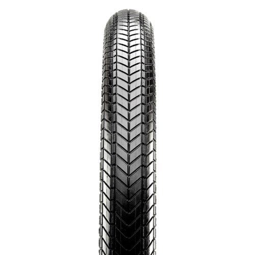 The Maxxis Grifter Wire Bead Tyre features a black rubber surface with a herringbone tread pattern, making it an ideal fast-rolling choice for urban riding or as a lightweight BMX tire.