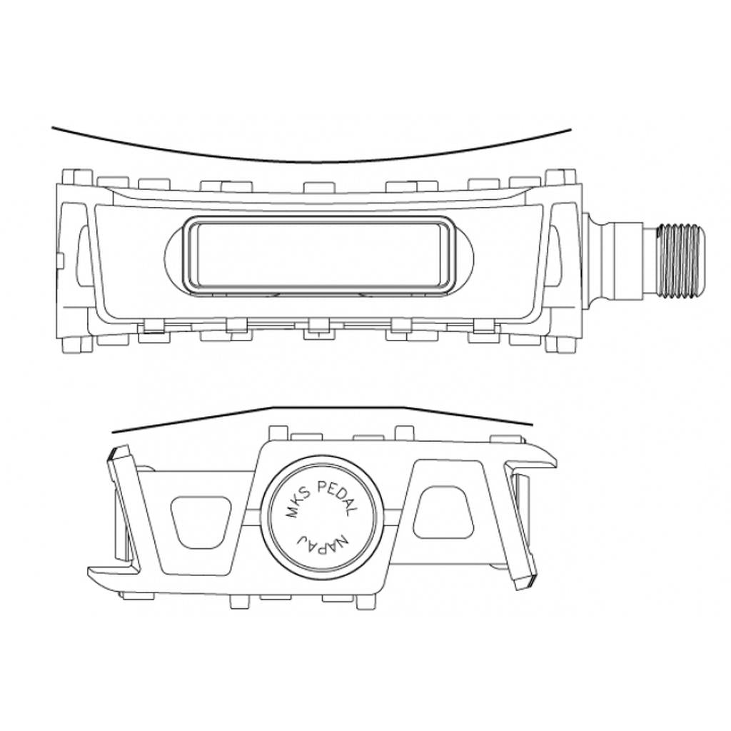 Side and front line drawings of MCS Grafight XX Platform Pedals, with a synthetic fiberglass resin body, and "MKS PEDAL JAPAN" marked on the end cap.