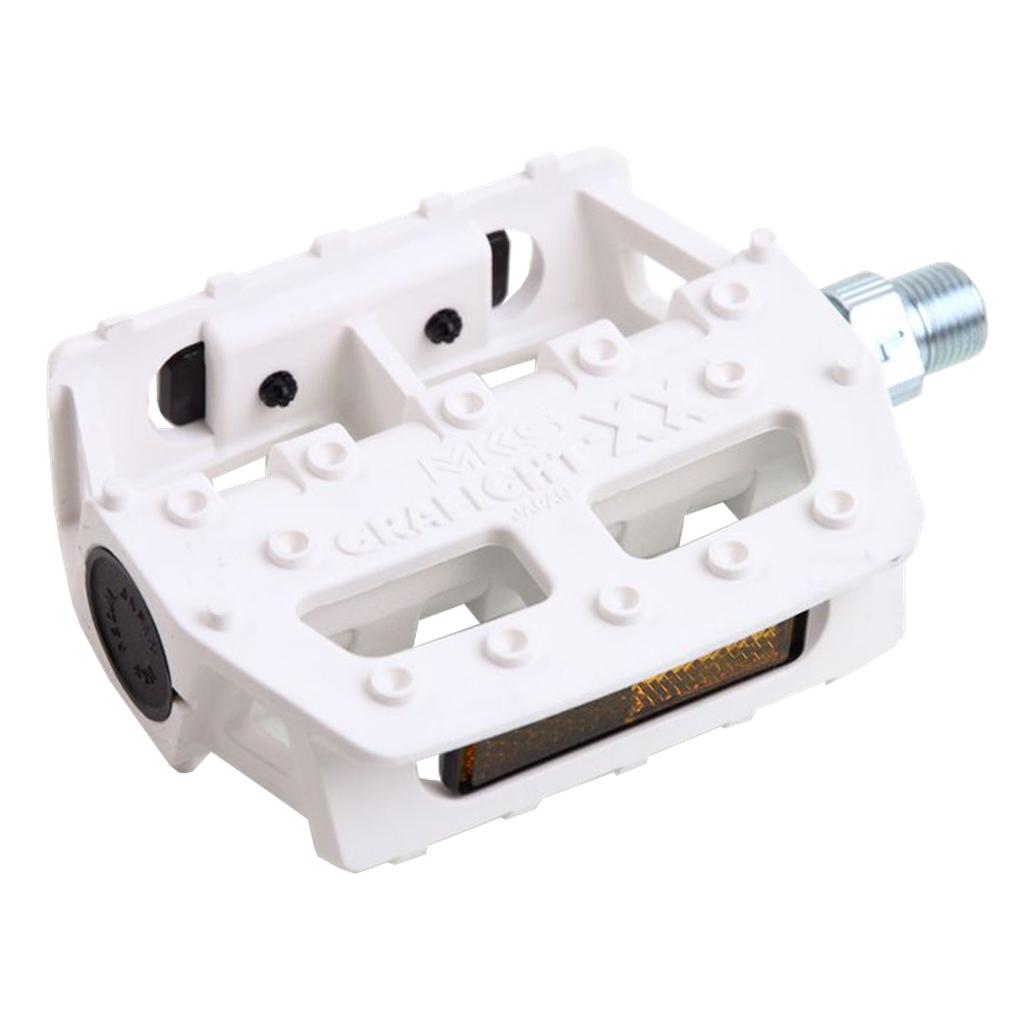 The MCS Grafight XX Platform Pedals are white with a textured fiberglass resin surface, metal axle, and integrated orange reflectors.