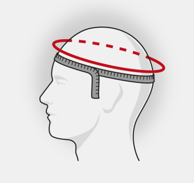 Tape measure around the head, just above the eyebrows and ears