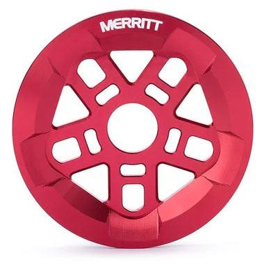 Red Merritt Brandon Begin Guard BMX bicycle sprocket isolated on a white background.