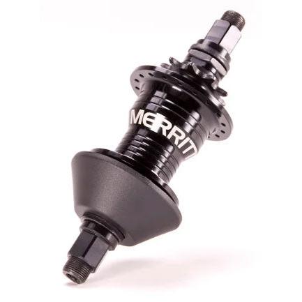 A black BMX bike hub with "Merritt" branding on the side, featuring a matte finish and threadings for attachment, boasts the Merritt Final Drive Freecoaster V2 system.