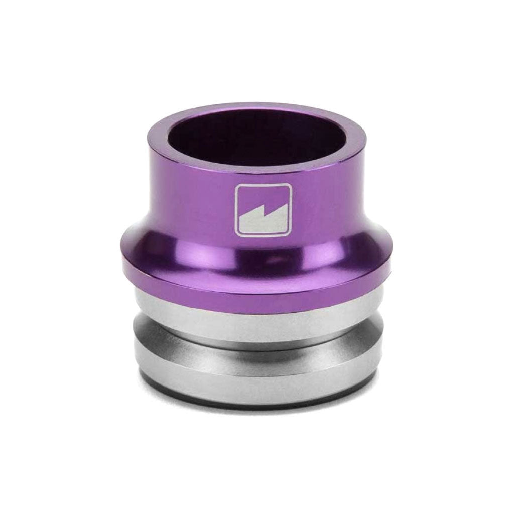 A Merritt High Top Headset, purple and silver, with a geometric logo gracefully etched on its cylindrical surface.