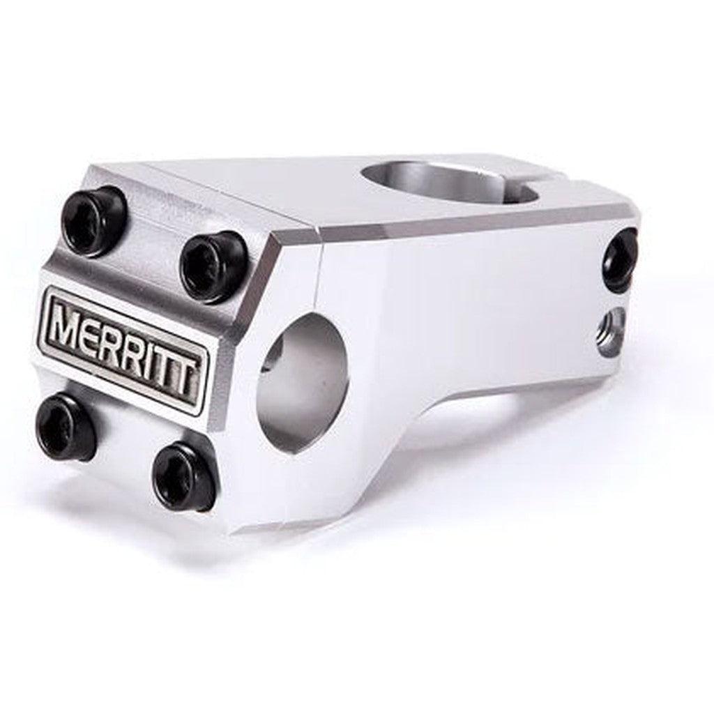 Merritt Inaugural bicycle front load stem with the brand name "merritt" engraved on the front, featuring multiple adjustment bolts, CNC machined from 6061 aluminum, isolated on a white background.