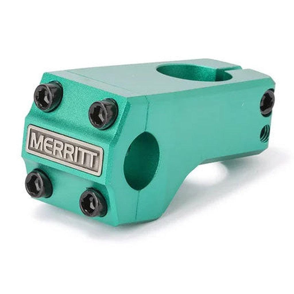 A green Merritt Inaugural Front Load Stem with four clamping bolts on a white background.